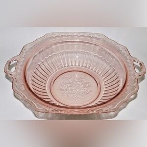 Anchor Hocking Depression Glass Pink Mayfair Open Rose Handled Serving Bowl
